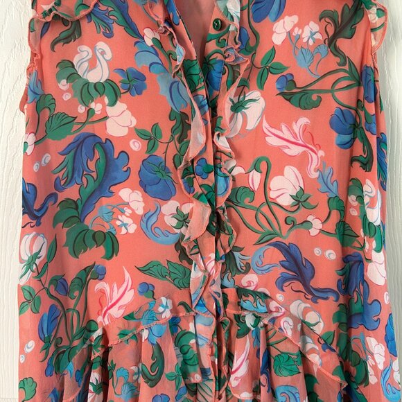 Saloni Shirt Dress Tilly 100% Silk Pink Floral Button Up Ruffle Sleeveless SZ4 - Picture 7 of 13
